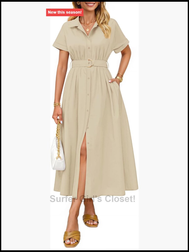 Short Sleeve Button Down A Line Work Midi Dress With Pockets